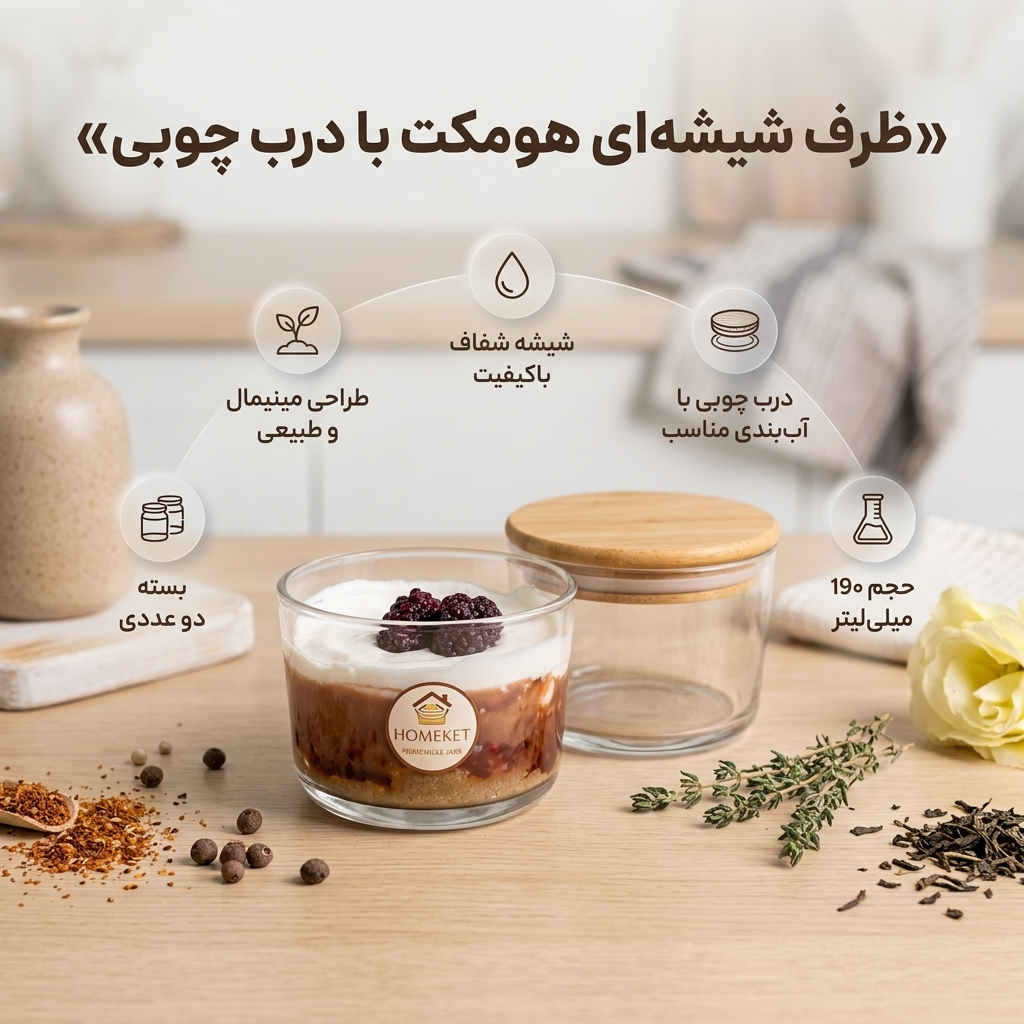 ظرف شیشه ای گرد 190ml هومکت (درب چوبی)2عددی شفاف
